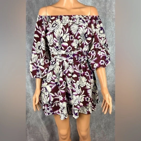 NWT Express Sz XS Floral Off The Shoulder Tie Waist Ruffle Romper - Picture 1 of 7